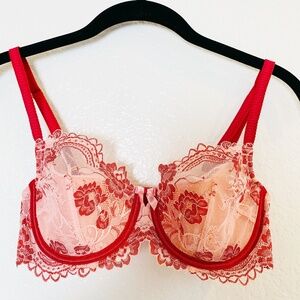 Soma Flirtation Balconet Bra 34C Chantilly Lace Pink Red Coquette Floral Fairy